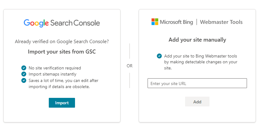 Bing Webmaster Tools site verification method selection screen