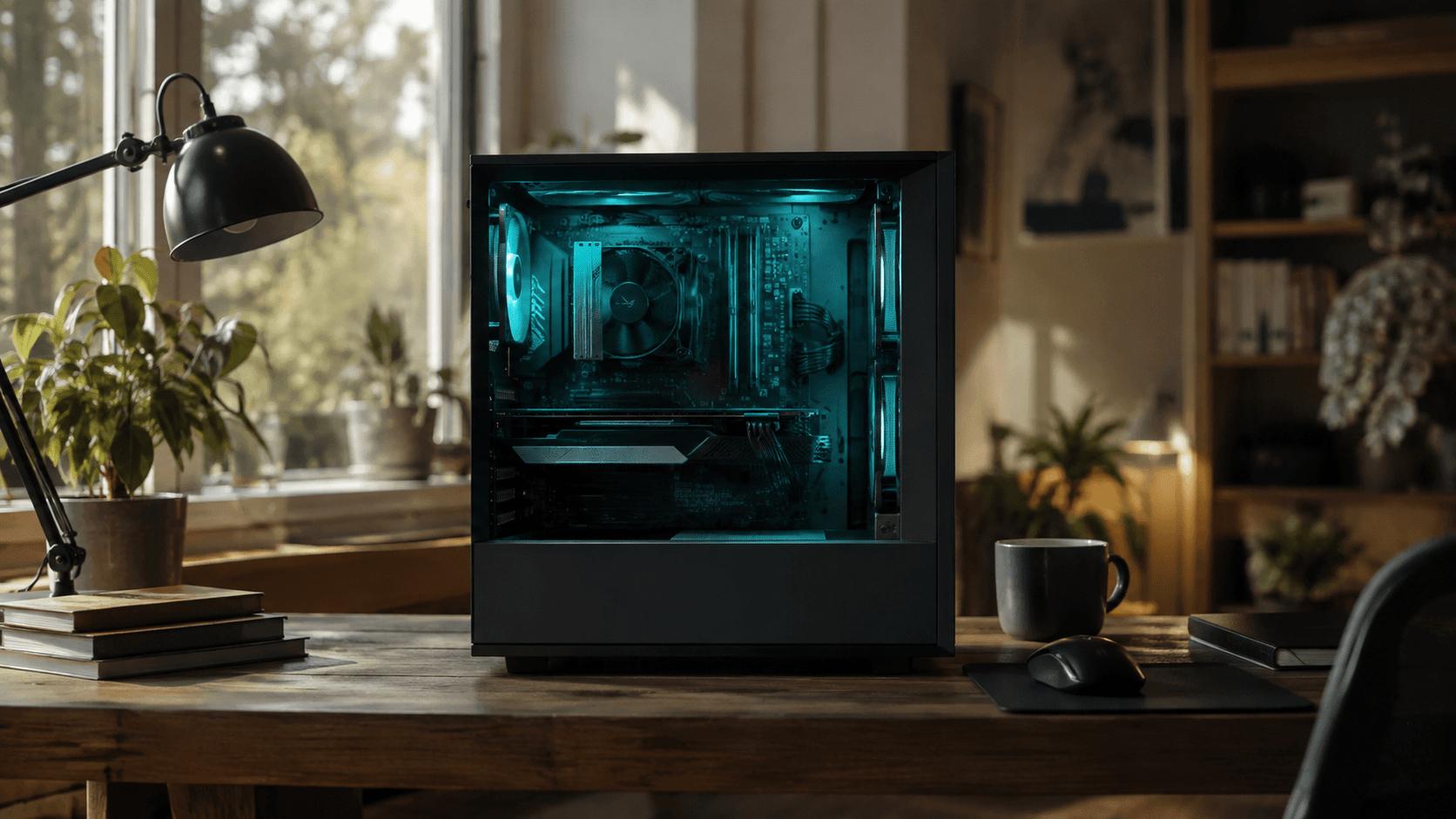 A home desktop computer glowing softly from within — AI models and agents running locally on your own PC.