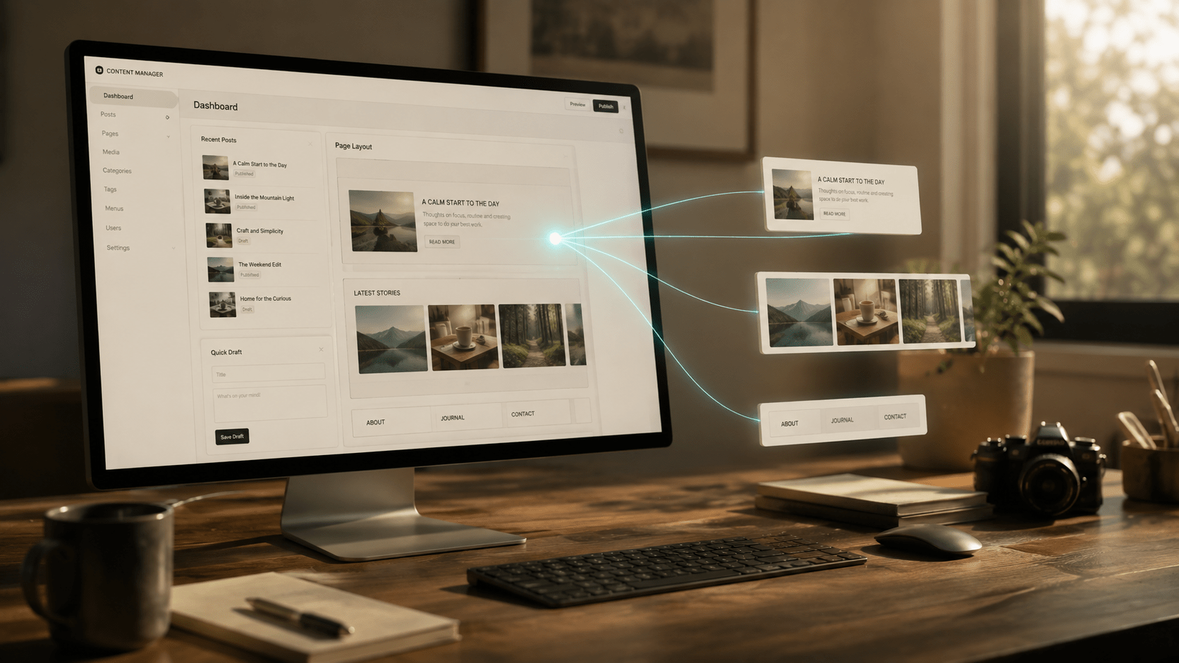 A website dashboard being arranged automatically by glowing teal threads — an AI managing a site via MCP.