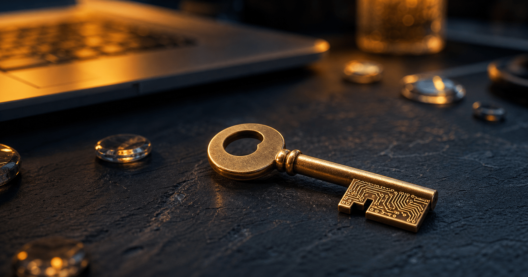 Brass key with circuit-board etching on a dark desk beside a glowing laptop, illustrating AI tokens and API keys as access to model providers