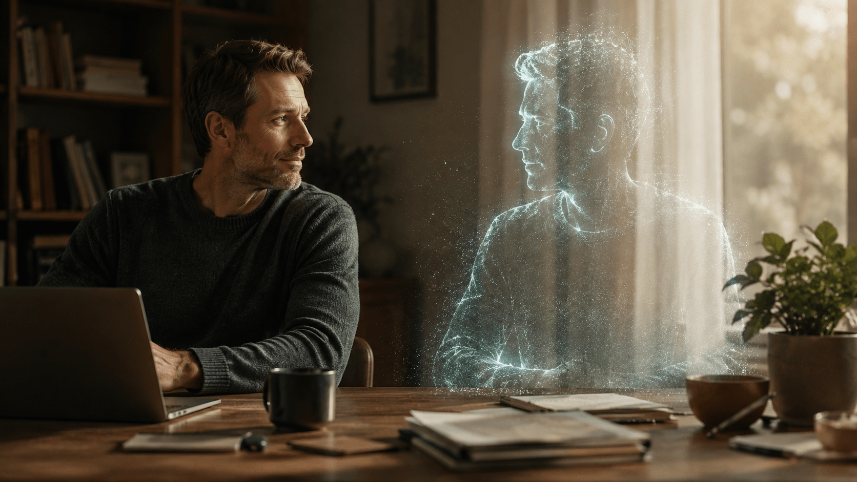 A man at his desk beside the faint, forming contours of a virtual person — an AI assistant becoming real.