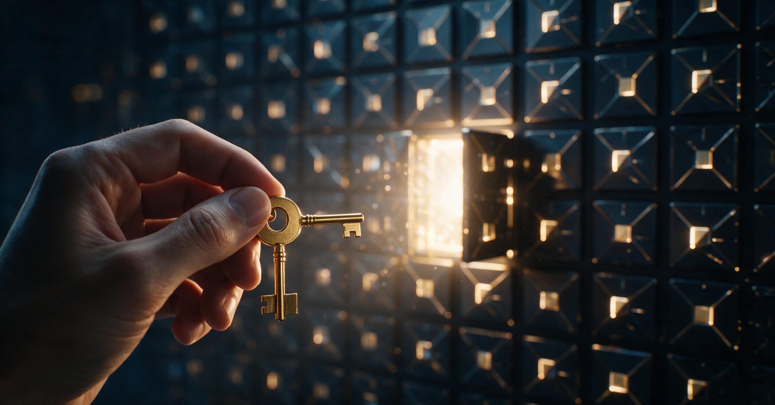 A hand holding a single brass key before a wall of many glowing panels, one unlocking, illustrating Command Code giving Hermes access to dozens of models with one key