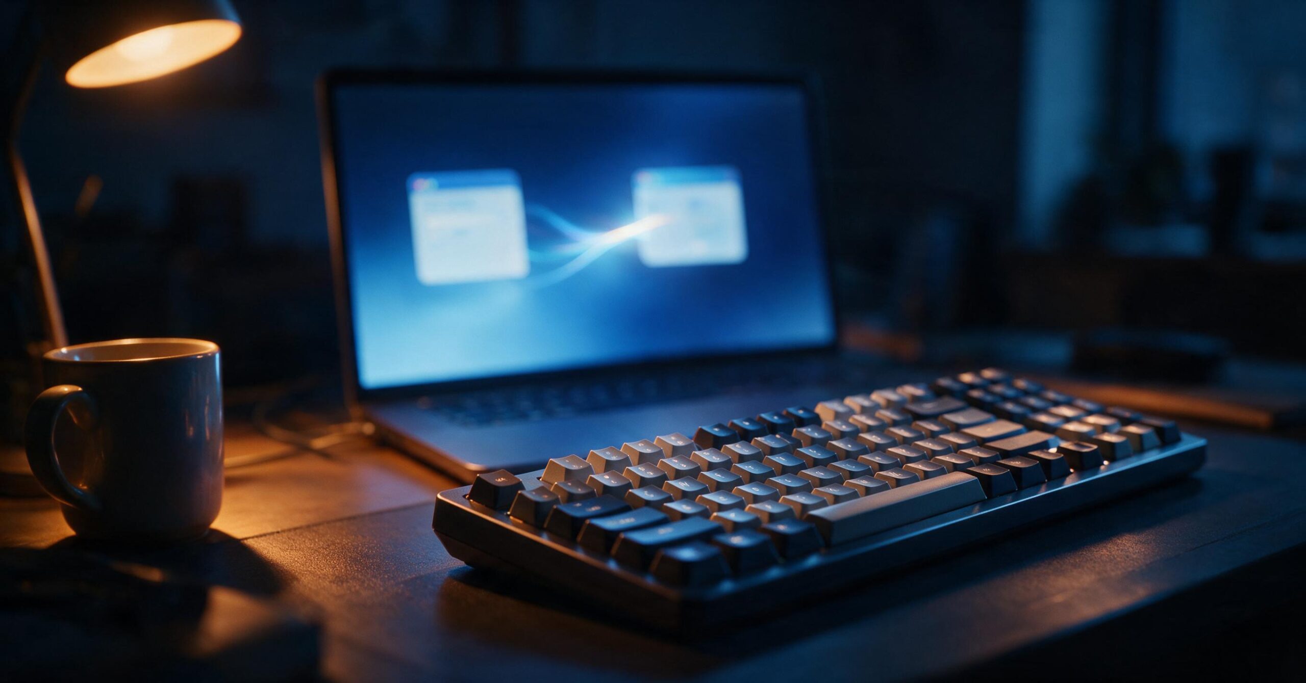 Mechanical keyboard and laptop showing a glowing terminal, with a bridge of light linking two app windows, illustrating Hermes calling Claude Code directly with no API key