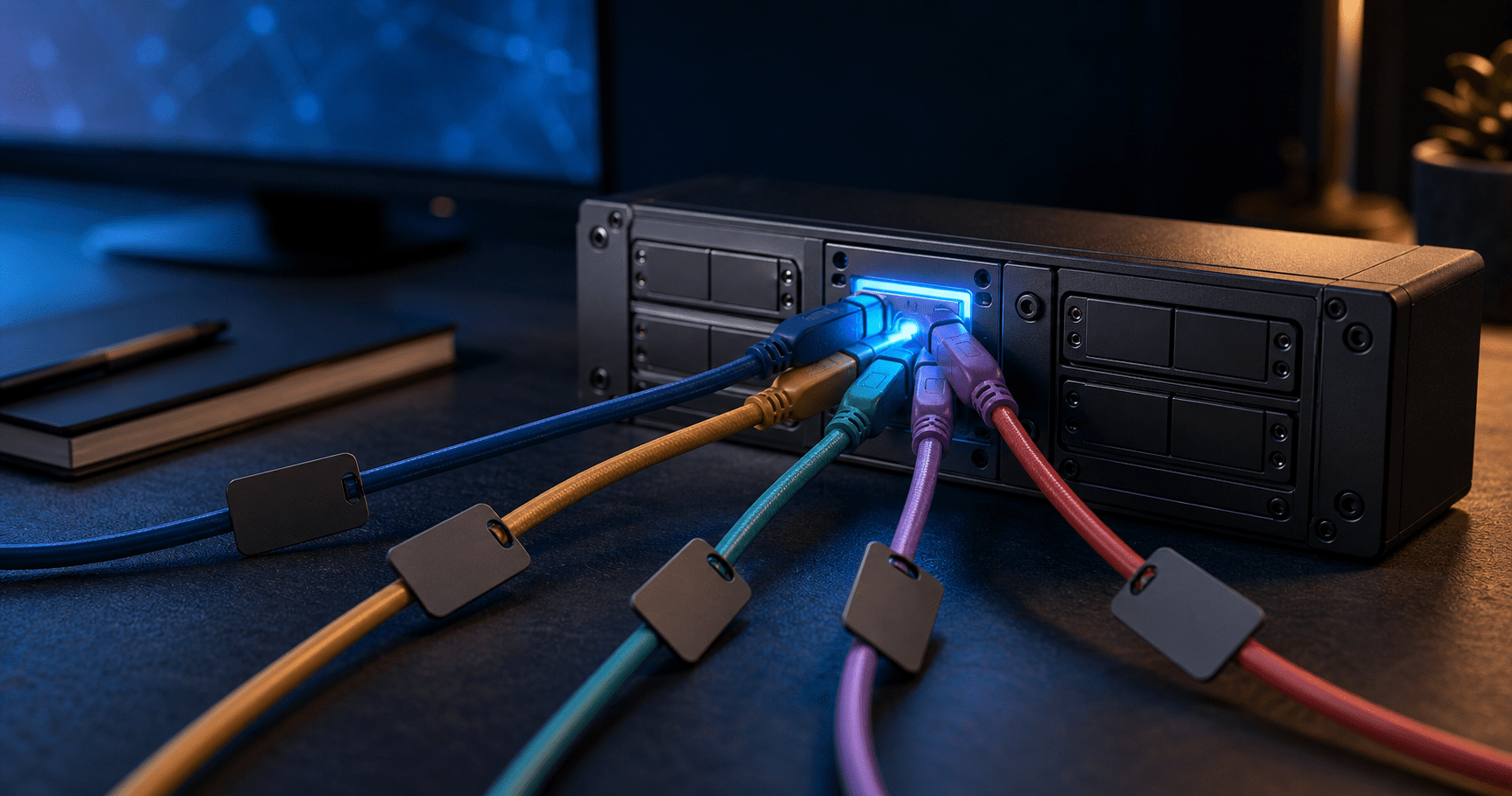 Modular patch-panel hub with several colored cables converging into one port on a developer desk, illustrating multiple AI model providers routing into Hermes