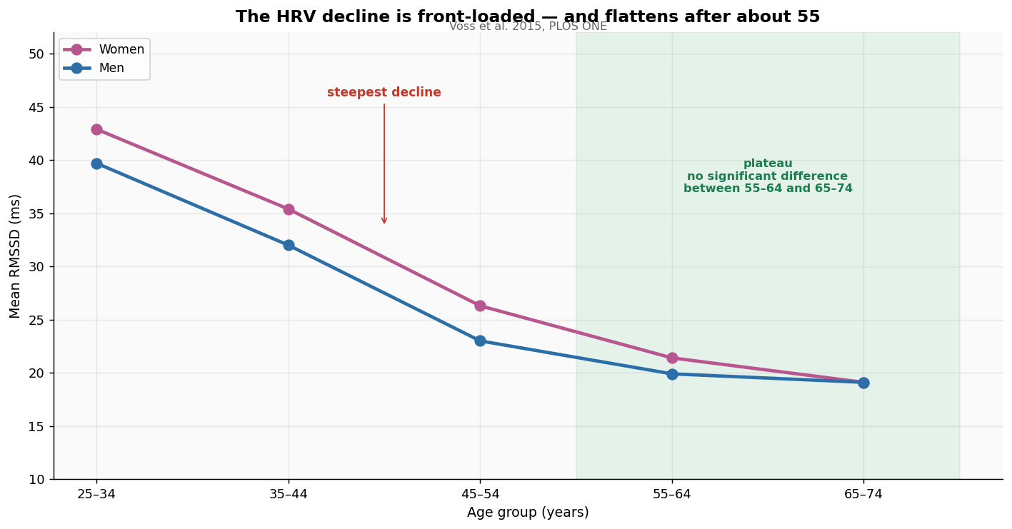 Line chart showing HRV declining steeply between the thirties and fifties and then flattening into a plateau after age 55