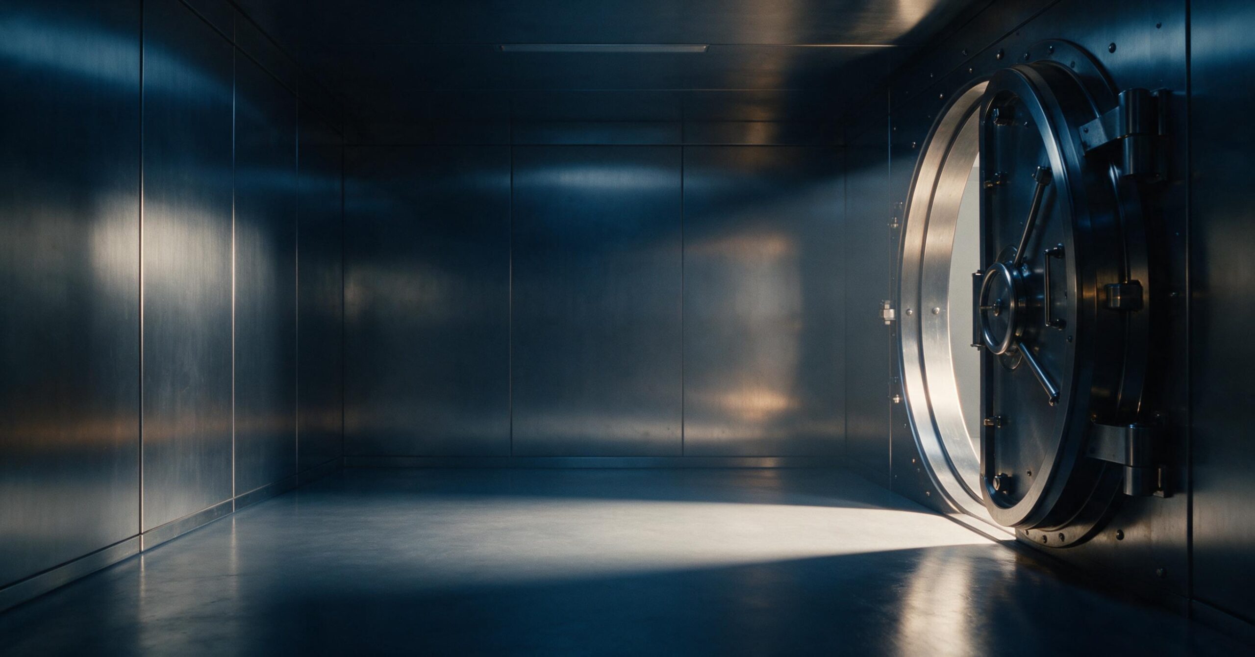 Empty polished steel vault with an open door and a single beam of light, nothing stored inside, illustrating zero data retention in Hermes Agent with Command Code