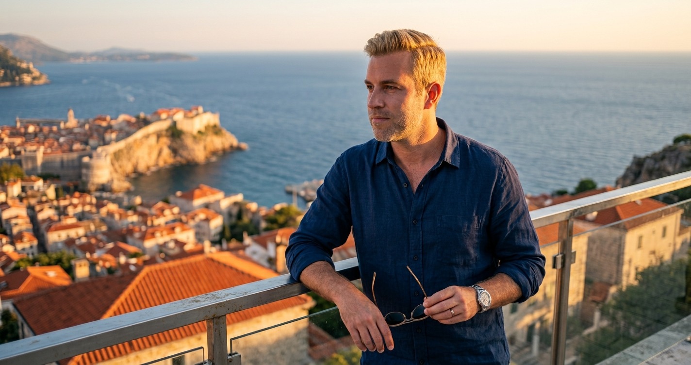 Man in his 40s in smart casual attire at a rooftop bar at night, city lights in the background