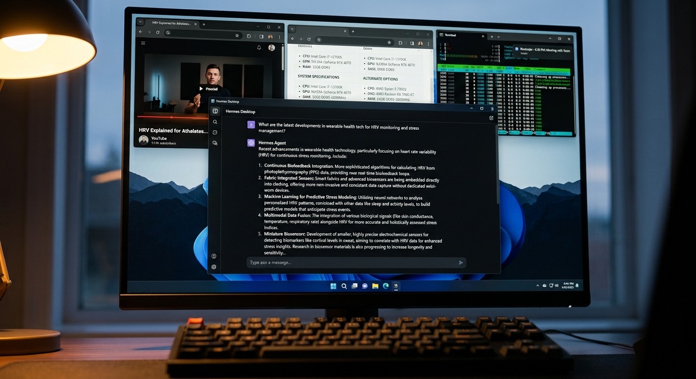 Hermes AI agent in action — YouTube summary, PC research, troubleshooting and reminders on a Windows 11 desktop