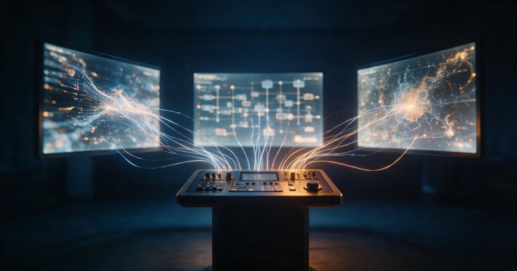 A central control desk facing three glowing screens fanning into the dark, thin light-threads running to each, illustrating one Hermes agent orchestrating a team of parallel subagents