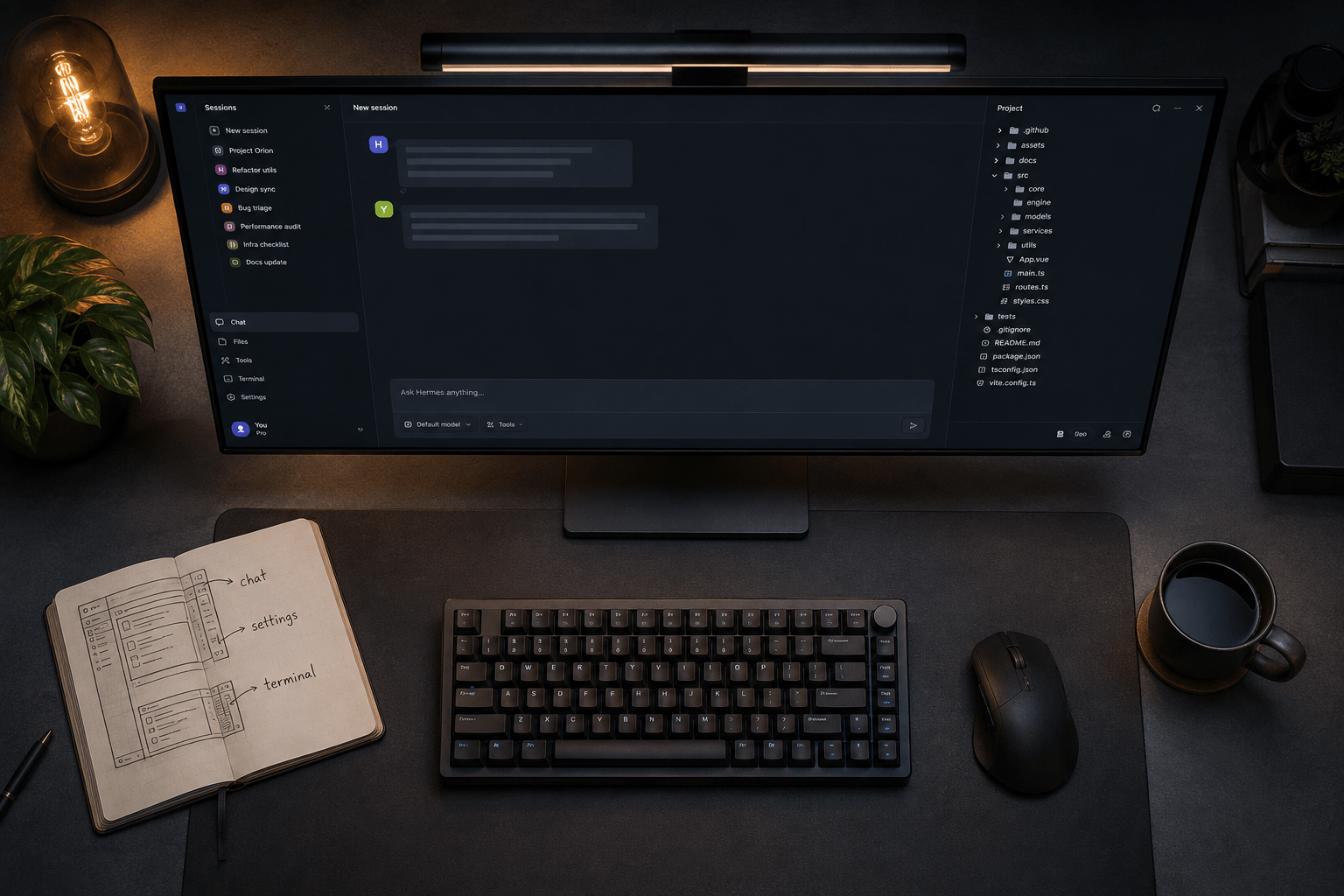 Top-down flat-lay of a Windows 11 workspace with Hermes Desktop app visible on an ultrawide monitor, notebook with interface diagram, keyboard and coffee mug