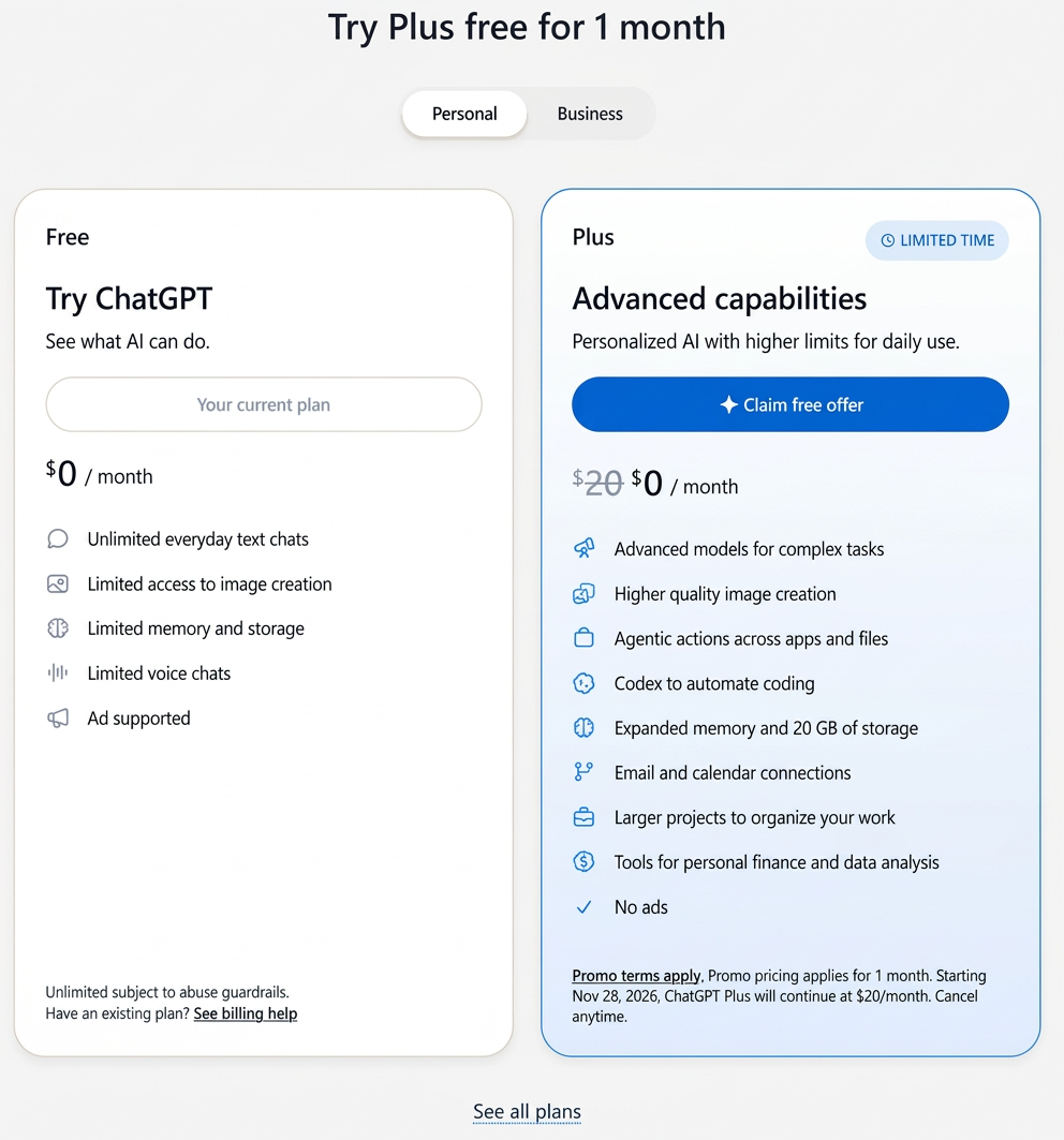 ChatGPT Plus free offer screen: Free plan next to Plus at $0 for one month, with a blue Claim free offer button and the renewal date in the fine print