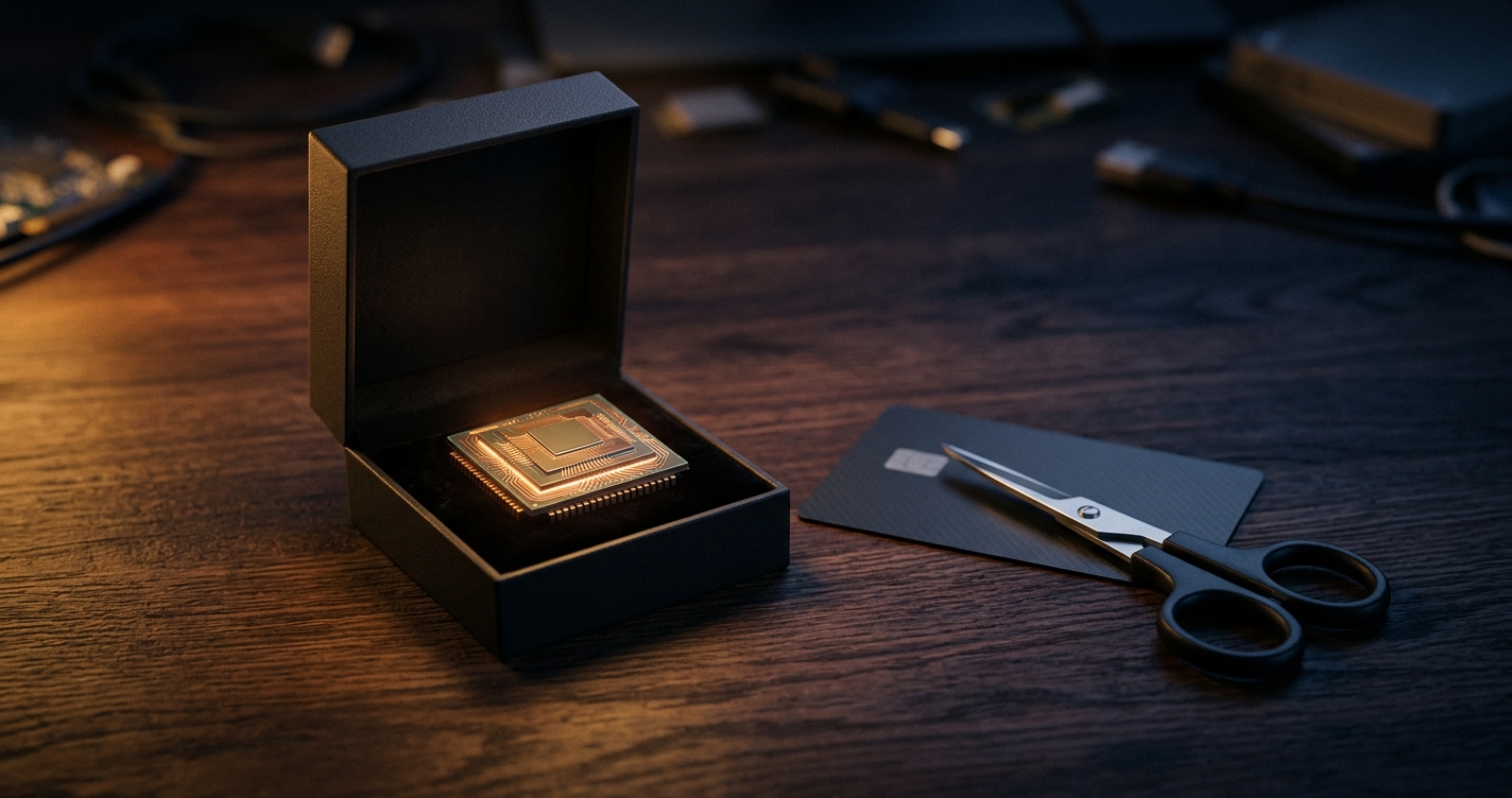 Open gift box with a glowing chip, a payment card and a small pair of scissors on a desk, illustrating ChatGPT Plus free for one month