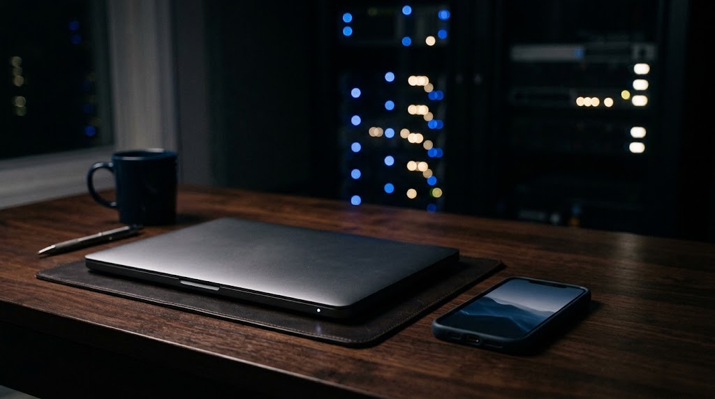 Closed laptop on a dark wooden desk at night beside a glowing smartphone, with blurred server lights behind: Claude Code cloud sessions keep working