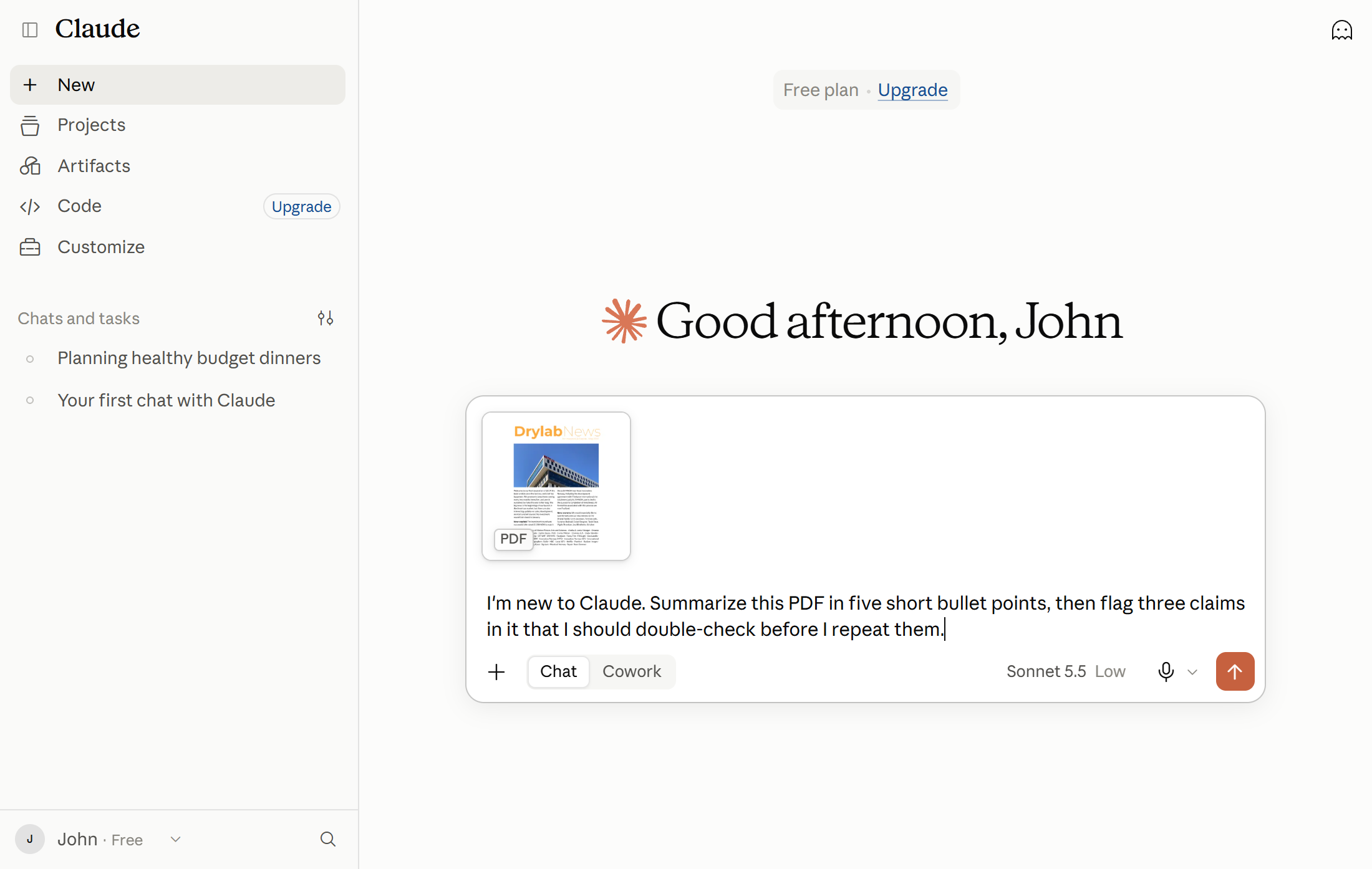 A PDF attached in the claude.ai message box with a summary prompt typed below it, ready to send