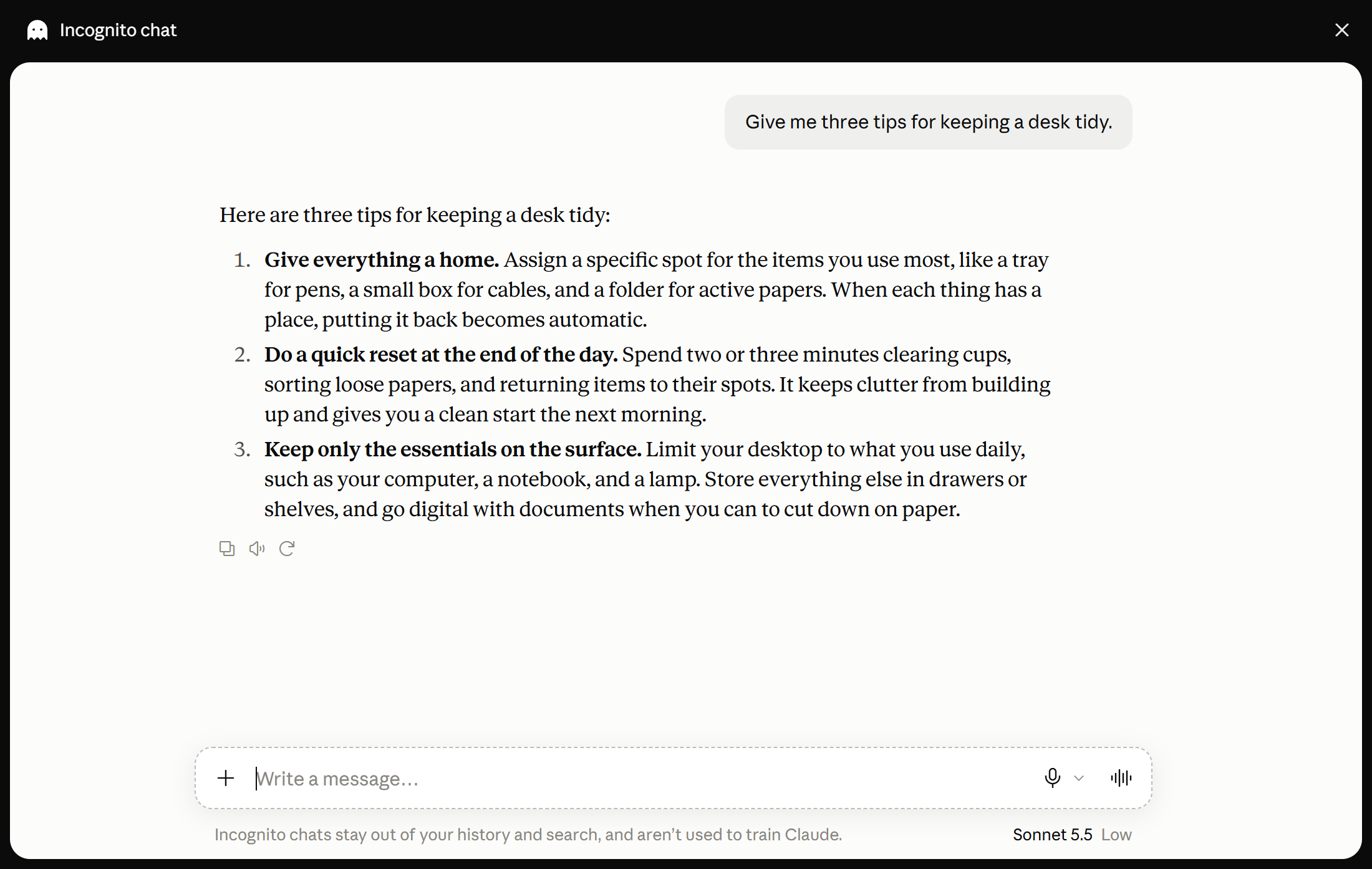 An incognito chat on claude.ai with the Incognito chat label in the upper left and the close button in the upper right