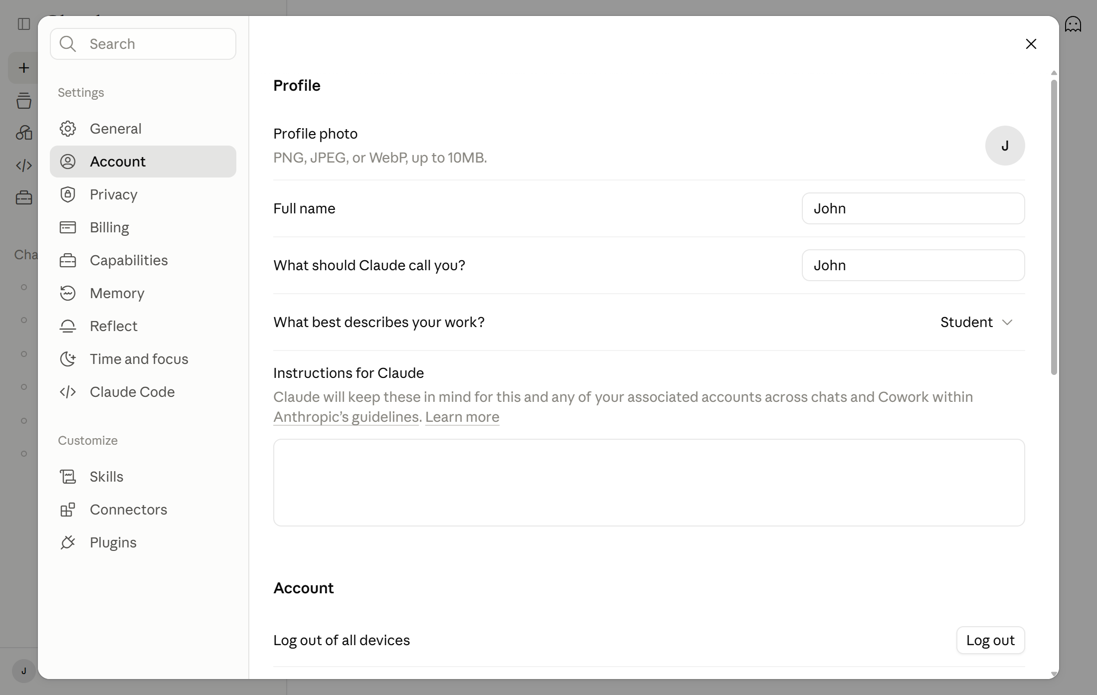 The Instructions for Claude field under Settings, Account, Profile on claude.ai