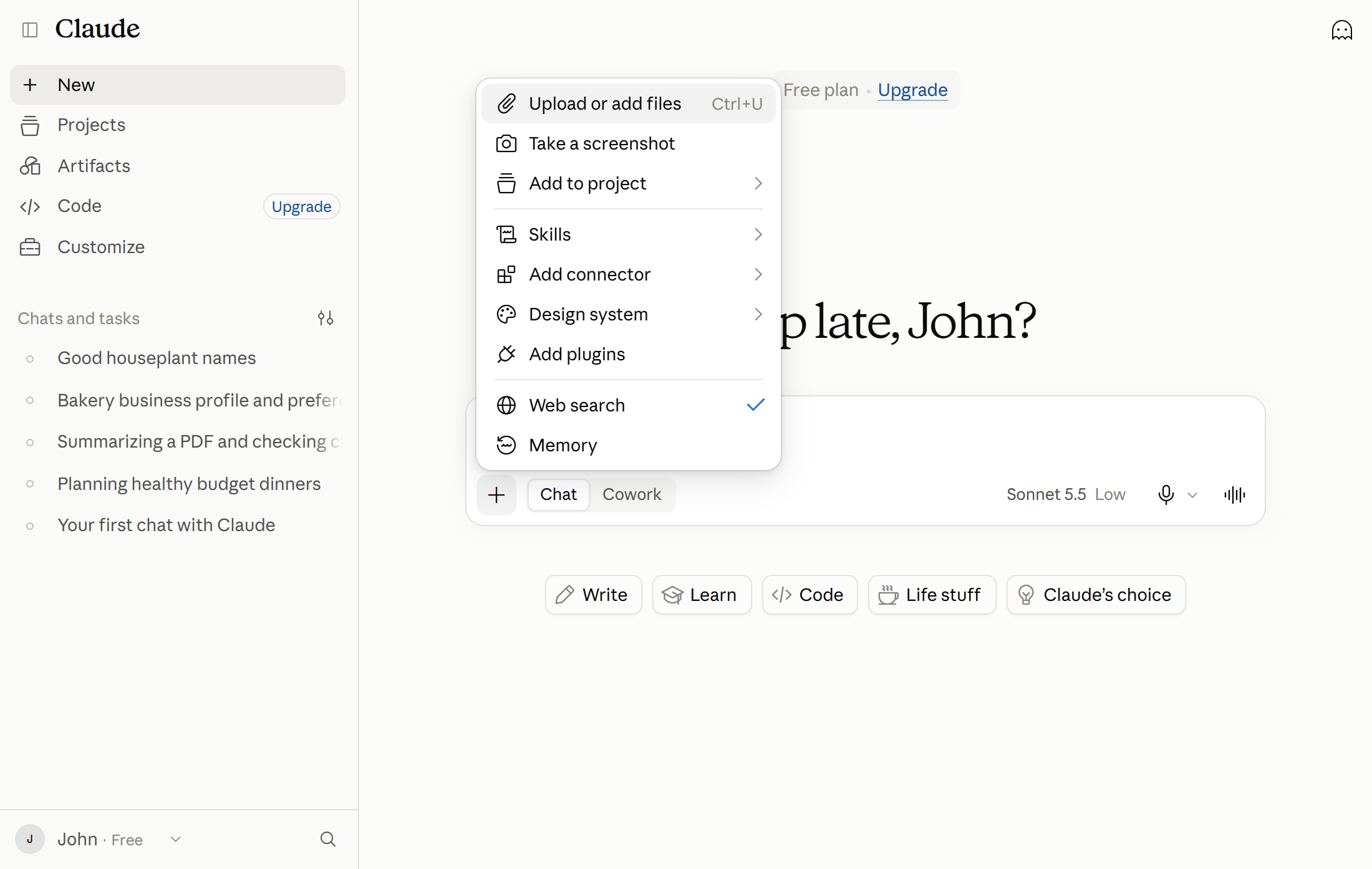 The plus menu in a new claude.ai chat with the Claude memory switch at the bottom, used to turn memory off for one chat
