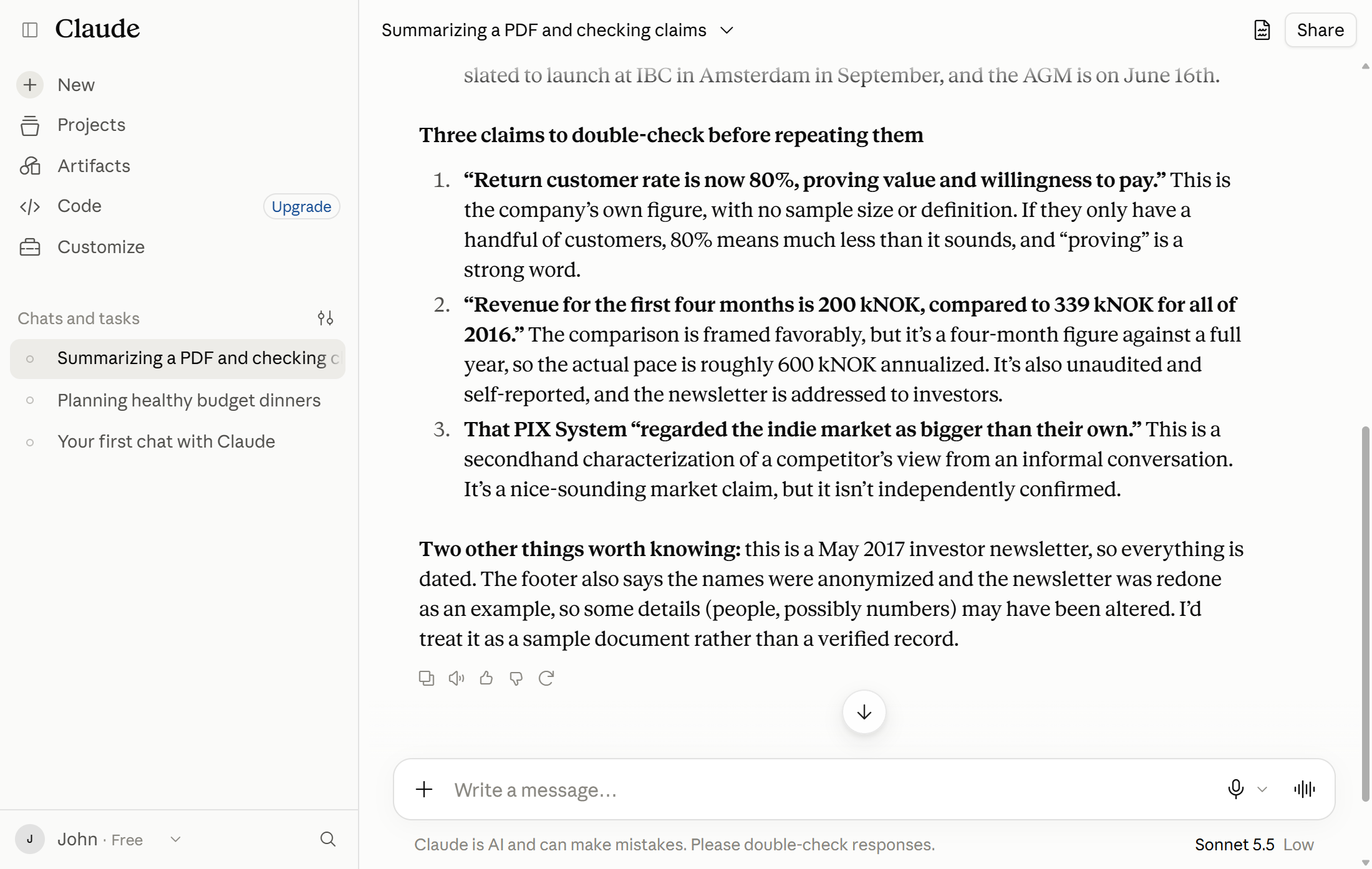 Claude's summary of a PDF in five bullet points, followed by three claims to double-check before repeating them