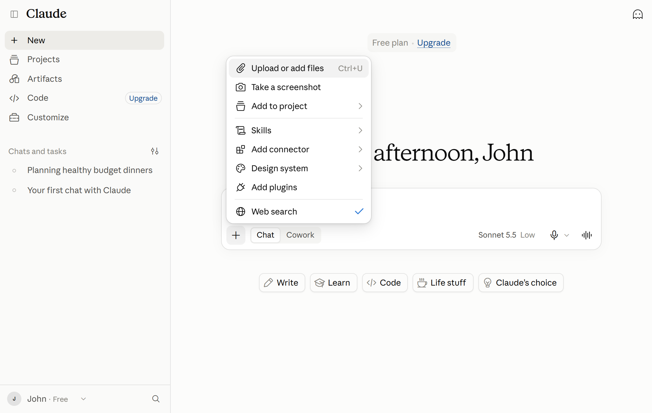 The plus menu open in a new chat on claude.ai, with Upload or add files at the top, the first step to upload files to Claude