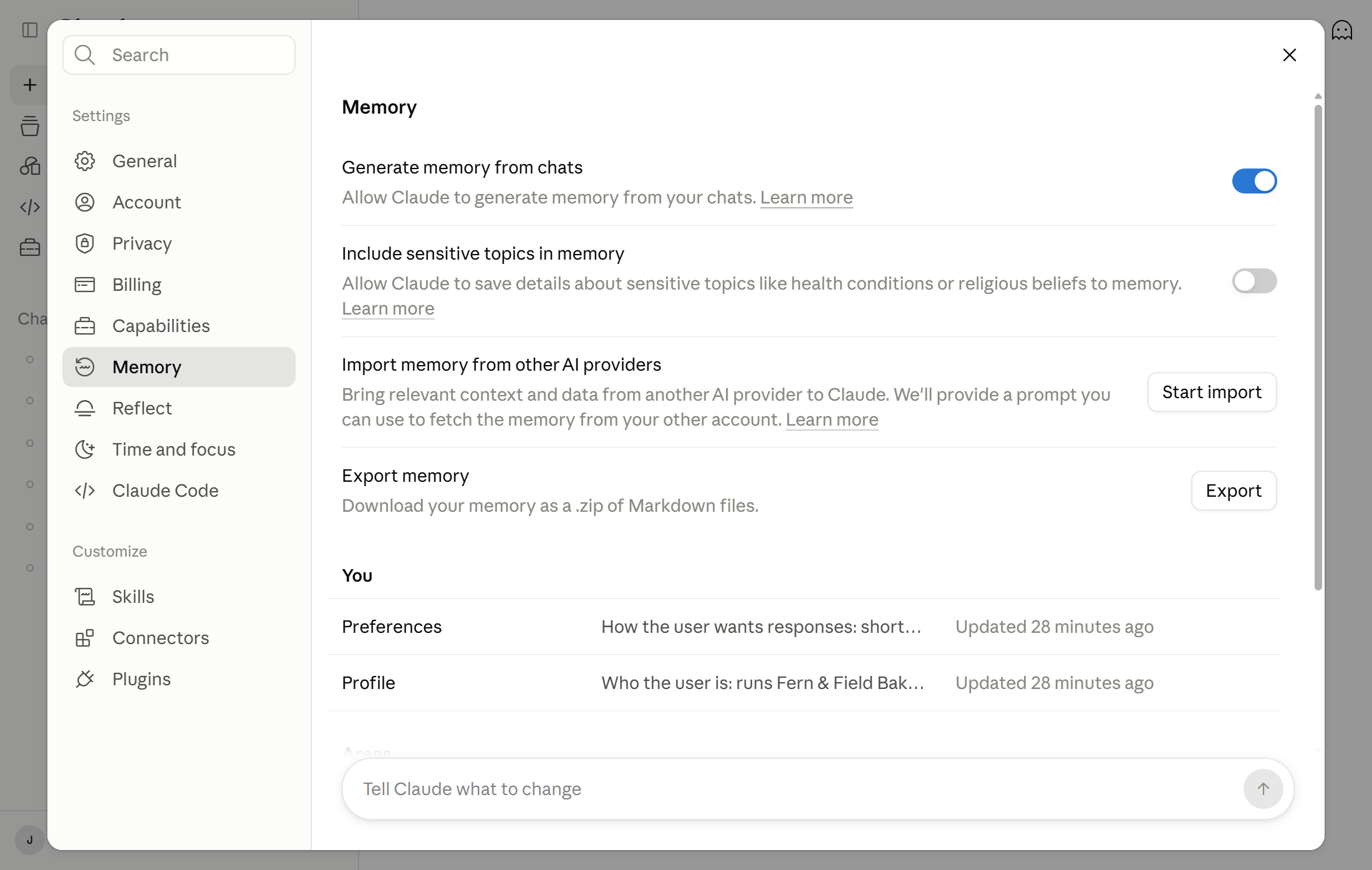 Claude memory settings on claude.ai with the Generate memory from chats switch, import and export, and the You section