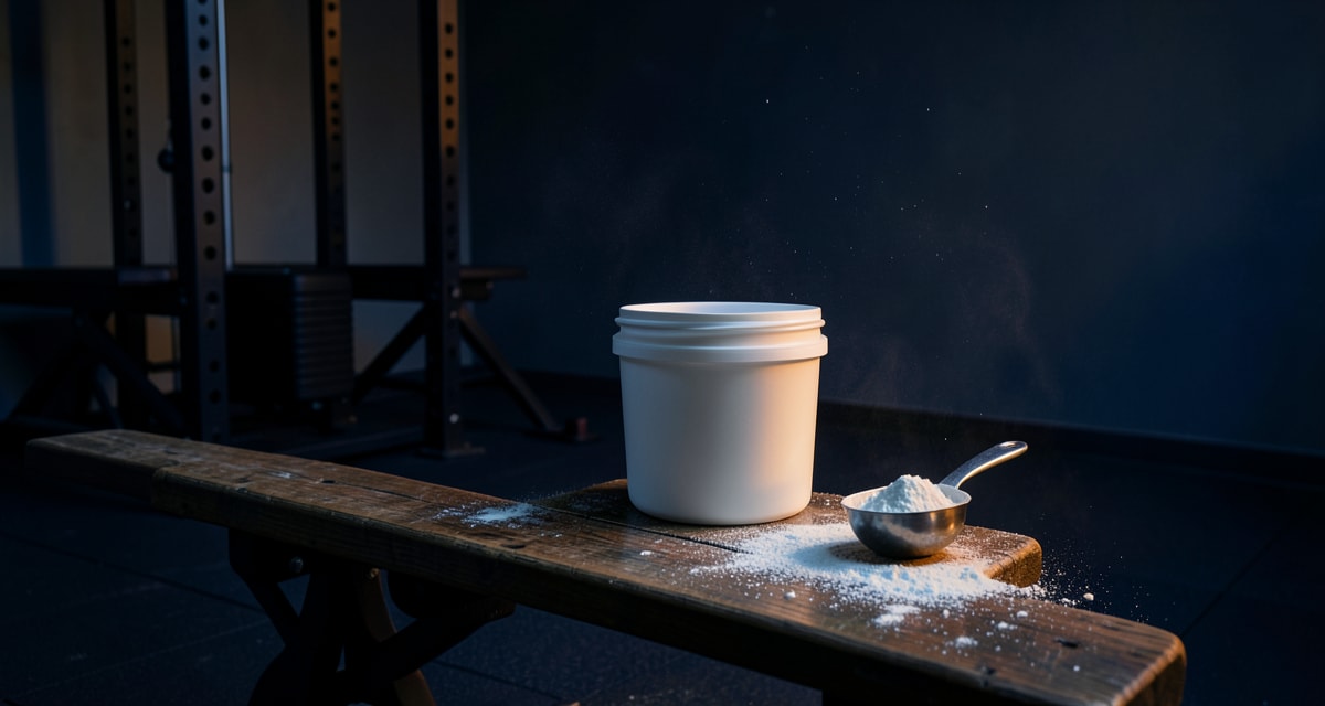 Unlabelled white creatine tub and scoop on a bench in front of a squat rack: creatine for strength in practice.