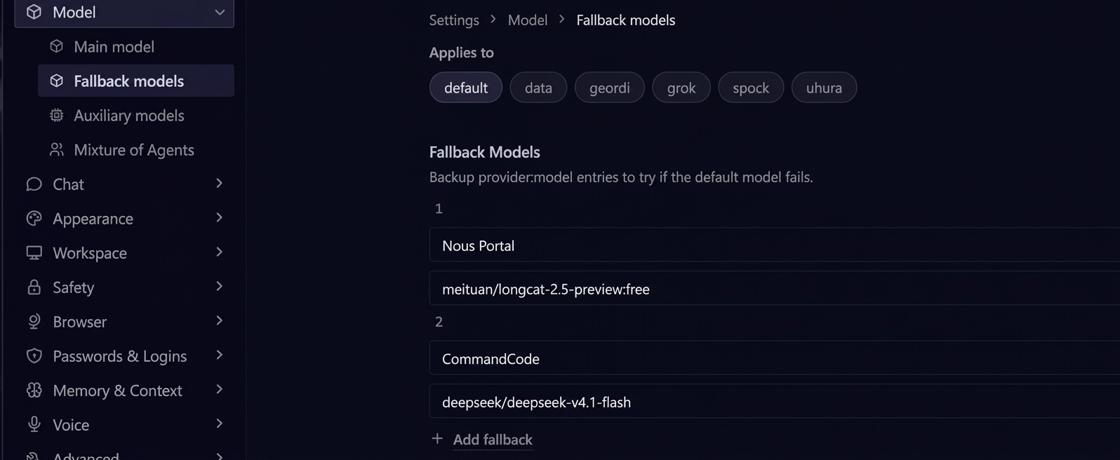 Hermes Desktop Settings, Model, Fallback models page with two fallback entries and an Add fallback link, used by Hermes cron jobs