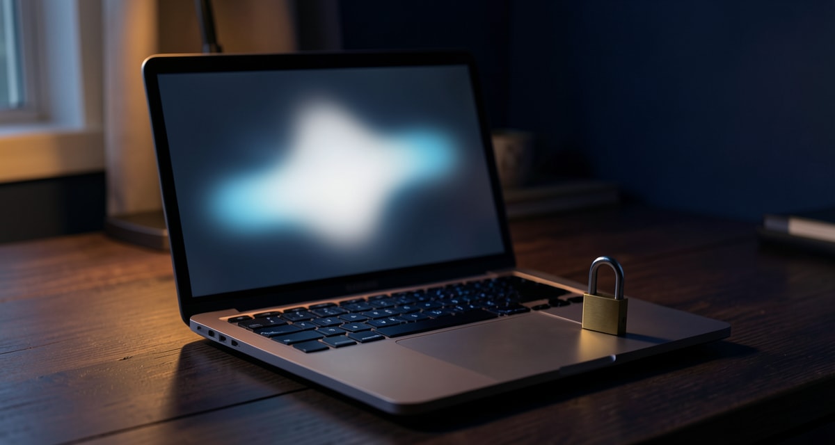 Open laptop on a dark wooden desk with a brass padlock beside the keyboard, illustrating Hermes Agent local mode