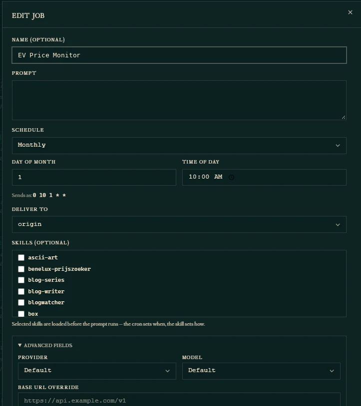 Edit job form for Hermes cron jobs with name, prompt, schedule, Deliver to, skills list and Provider and Model set to Default