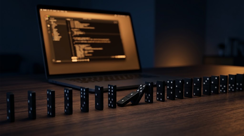Hermes cron jobs: a row of black dominoes on a dark desk with one fallen over, a laptop with a terminal in the background