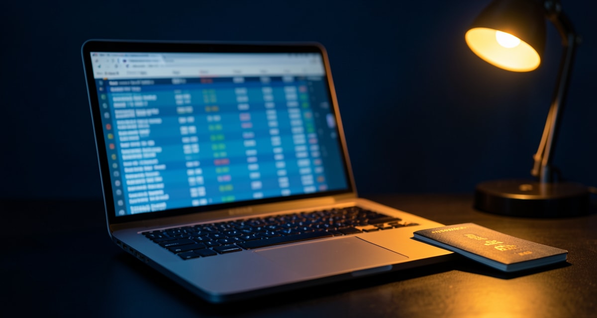 Blurred flight search results on a laptop at night, with a passport and desk lamp, for an incognito flight search.