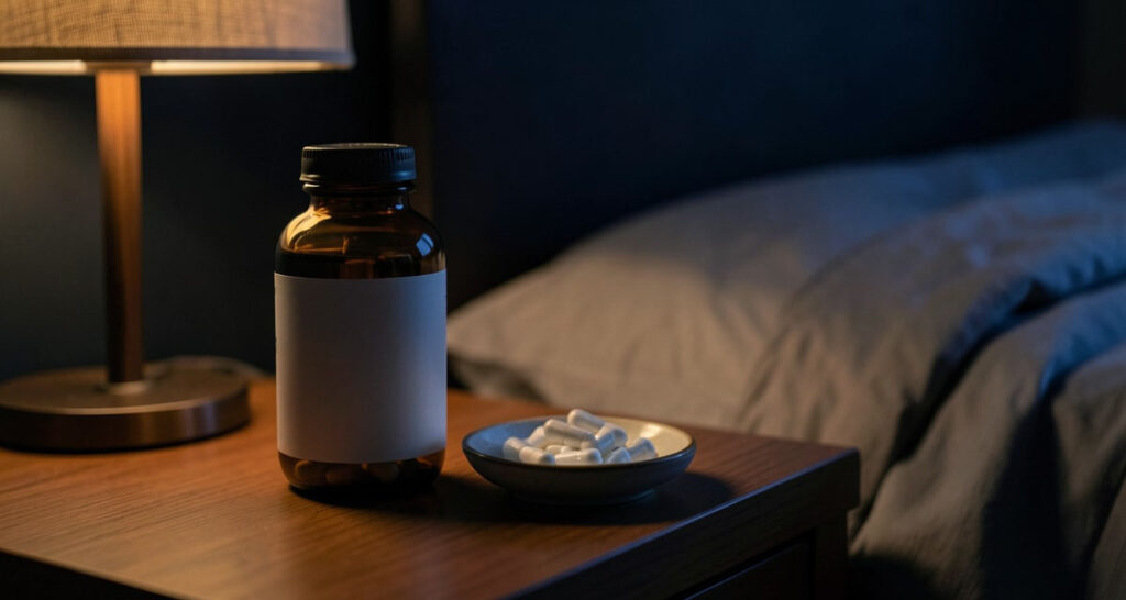 Amber supplement bottle and dish of white capsules on a nightstand by a dim lamp, illustrating magnesium glycinate for sleep