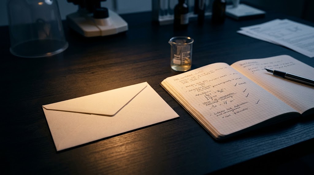 Subscribe to The Tested Weekly: an envelope on a dark desk next to a lab notebook with check marks, a beaker and a microscope