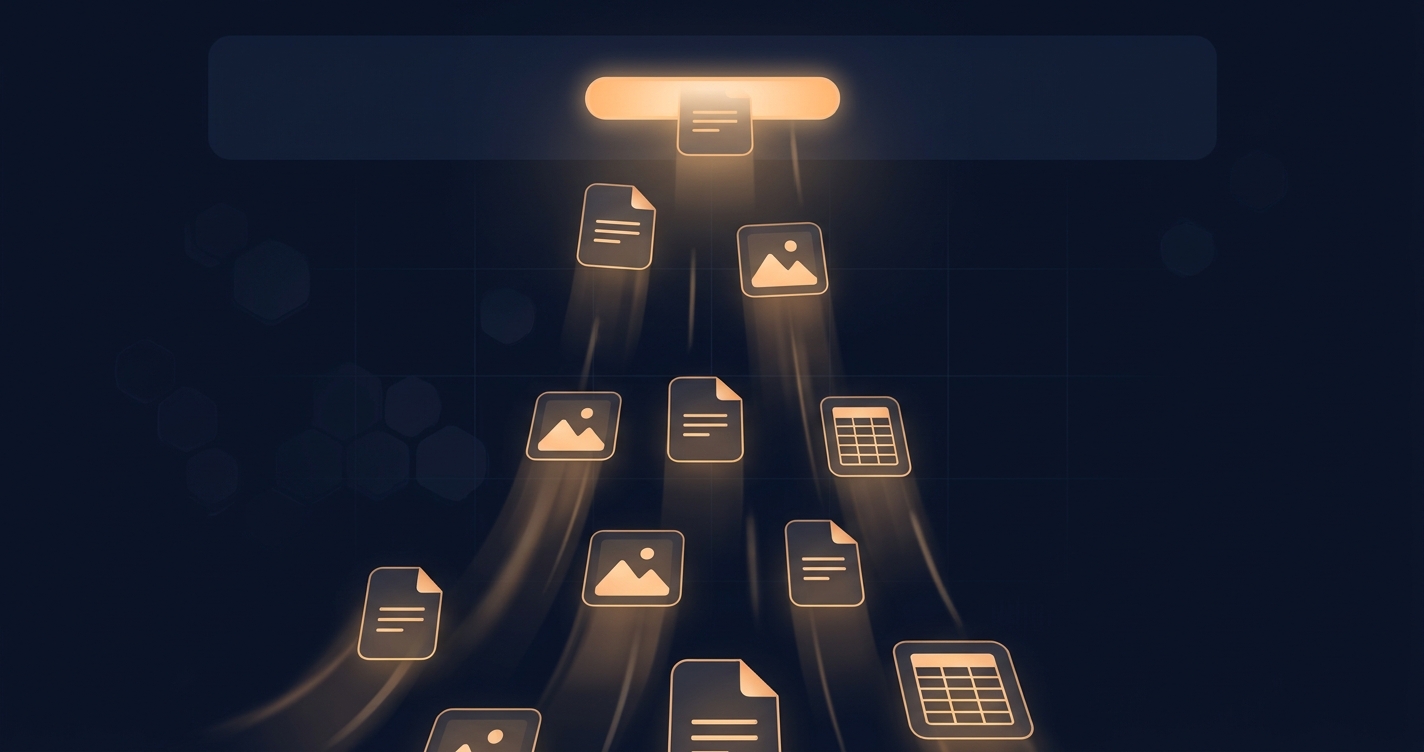 Documents and images flowing into a chat window, illustrating uploading files to Claude