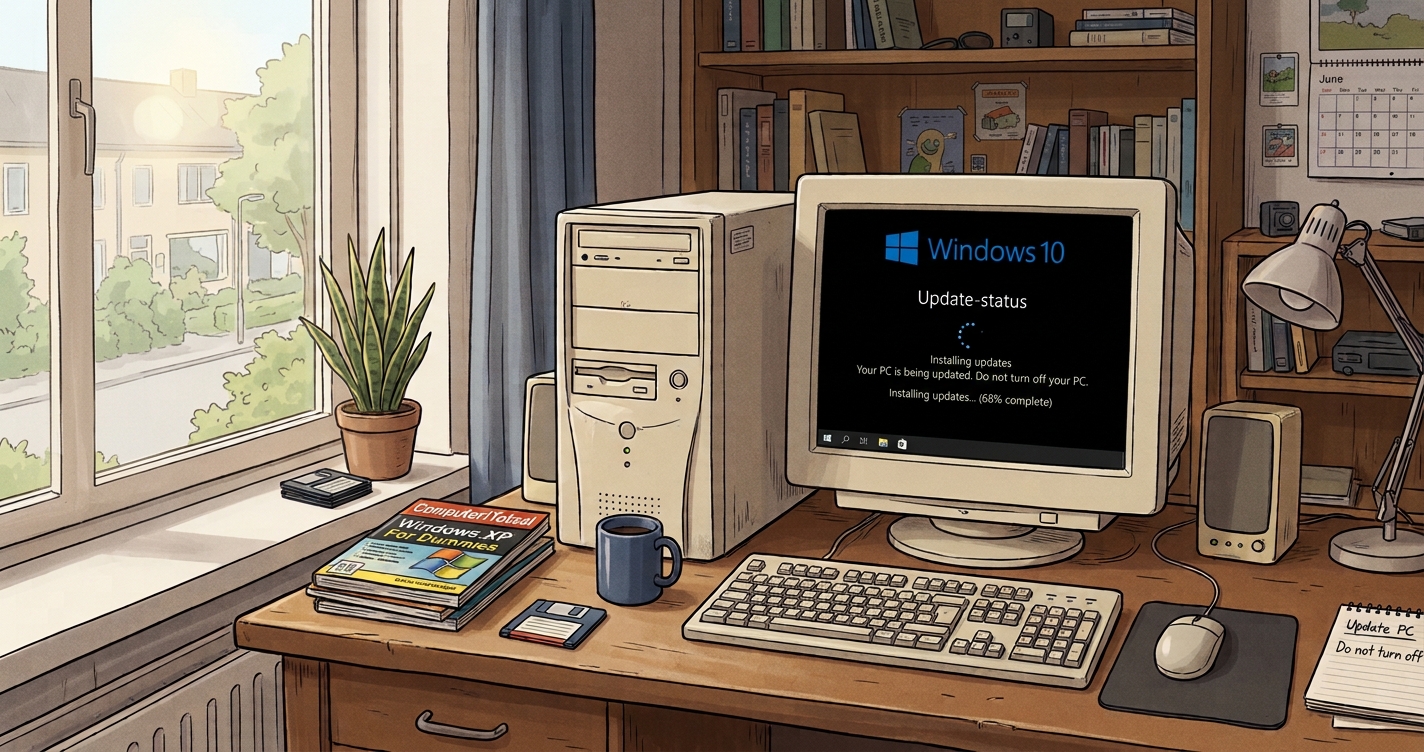 Illustration of an old beige desktop PC on a wooden desk by a window, its monitor showing Windows 10 installing updates, for a Windows 10 ESU guide.